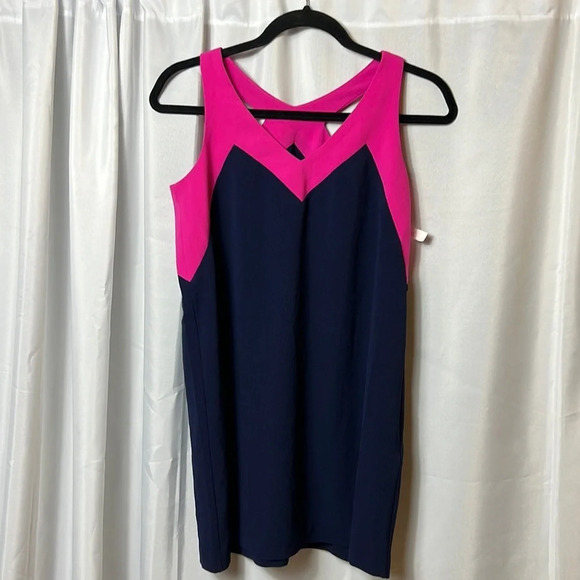 Felicity & Coco Navy Pink Sleeveless Shift Dress Small Petite SP Colorblock - Picture 1 of 6